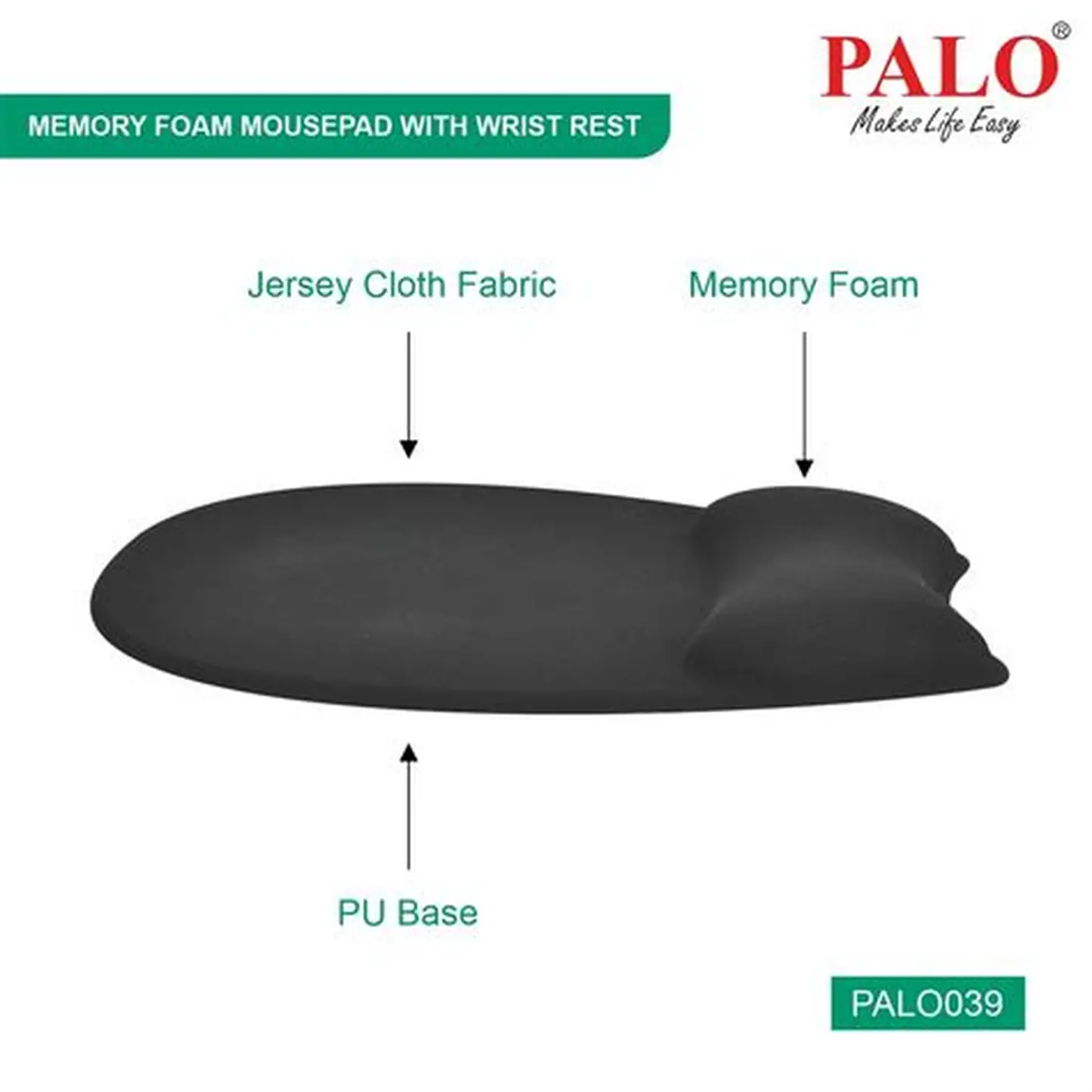 PALO Memory Foam Mousepad with Wrist Rest, Black (PAL0039)